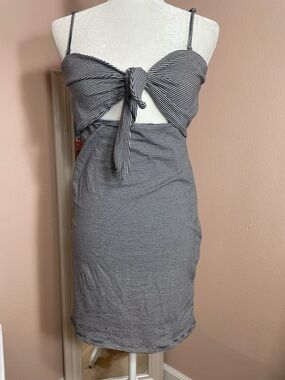 Garage Tie Front Dress Womens Large Fits S M Navy Stripe Bodycon NWT